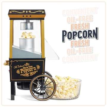 Nostalgia Vintage Hot-Air Popcorn Maker Machine - Makes Up to 12 Cups - Oil-Free - Healthier Popcorn - Classic Stand-Up Cart With Wheels - Includes Kernel Measuring Cup - Black