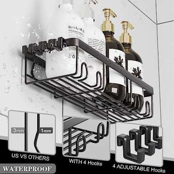 Posyla Shower Caddy, Bathroom Shower Organizers, Black Shower Shelves for Inside Shower with Soap Caddy & Toothbrush Holder, Stainless Steel Wall Rack Baskets Adhesives Mounted(5 PCS)