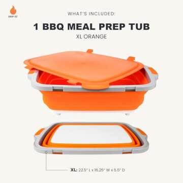 Drip EZ Collapsible BBQ Prep Tub (V2) - For Meal Prep Marinating Food Storage - Includes Cutting Boa...