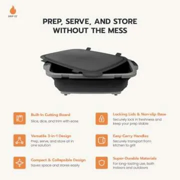 Drip EZ Collapsible BBQ Prep Tub (V2) - For Meal Prep Marinating Food Storage - Includes Cutting Board & Locking Lid - (1) XL - Orange