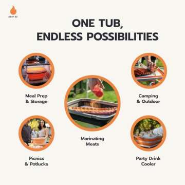 Drip EZ Collapsible BBQ Prep Tub (V2) - For Meal Prep Marinating Food Storage - Includes Cutting Board & Locking Lid - (1) XL - Orange