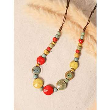 MINACHI Boho Hippie Colorful Round Ceramic Beads Strand Necklace Bohemian Jewelry Gift