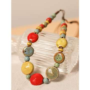 MINACHI Boho Hippie Colorful Round Ceramic Beads Strand Necklace Bohemian Jewelry Gift