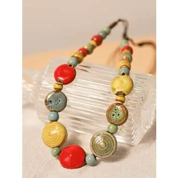 MINACHI Boho Hippie Colorful Round Ceramic Beads Strand Necklace Bohemian Jewelry Gift