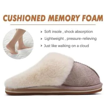 KuaiLu Womens Slippers, Fluff Dual Memory Foam Slippers Ladies Cozy Arch Support Warm Scuff Slippers Slip on Comfy Winter House Shoes with Non-Slip Indoor Outdoor Hard Sole Beige 10