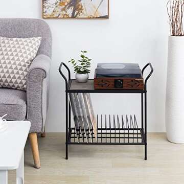 MyGift Vintage Gray Wood and Metal Record Player Stand