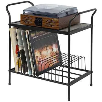 MyGift Vintage Gray Wood and Metal Record Player Stand