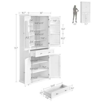 VASAGLE Pantry Cabinet, 15.7 x 30 x 71.7 Inches, Freestanding Tall Cupboard Storage Cabinet with a Drawer, 2 Cabinets, 4 Adjustable Shelves, 6 Door Shelves, Living Room, Kitchen, White UBBC561P31V2