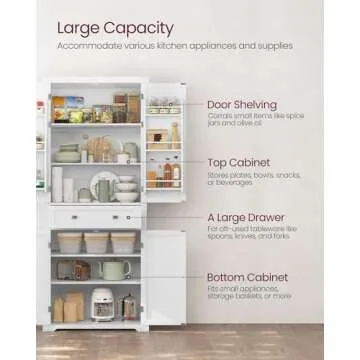 VASAGLE Pantry Cabinet, 15.7 x 30 x 71.7 Inches, Freestanding Tall Cupboard Storage Cabinet with a Drawer, 2 Cabinets, 4 Adjustable Shelves, 6 Door Shelves, Living Room, Kitchen, White UBBC561P31V2
