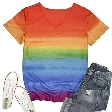 Pride Shirt for Women Rainbow Graphic T-Shirt LGBT Equality Tee Summer Short Sleeve V Neck Tops Yell...