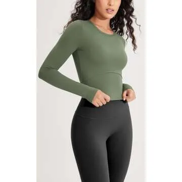 ODODOS Cloud Feeling Long Sleeve Crop Tops for Women Crew Neck Athletic Gym Workout Yoga Tee Shirts, Dark Olive, Small