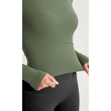 ODODOS Cloud Feeling Long Sleeve Crop Tops for Women Crew Neck Athletic Gym Workout Yoga Tee Shirts, Dark Olive, Small