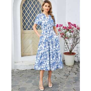 KUTUMAI Women Summer Floral Midi Dress 2024 Casual Short Sleeve V Neck Tiered Ruffle Flowy Boho Dresses with Pockets BlueF S