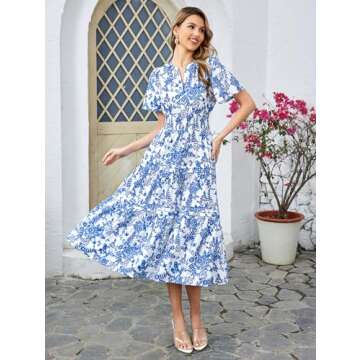 KUTUMAI Women Summer Floral Midi Dress 2024 Casual Short Sleeve V Neck Tiered Ruffle Flowy Boho Dresses with Pockets BlueF S