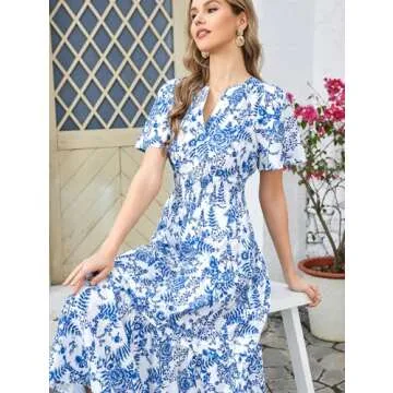 KUTUMAI Women Summer Floral Midi Dress 2024 Casual Short Sleeve V Neck Tiered Ruffle Flowy Boho Dresses with Pockets BlueF S