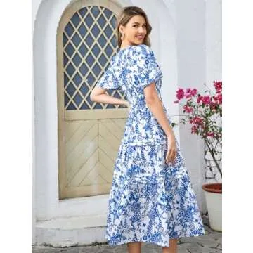 KUTUMAI Women Summer Floral Midi Dress 2024 Casual Short Sleeve V Neck Tiered Ruffle Flowy Boho Dresses with Pockets BlueF S