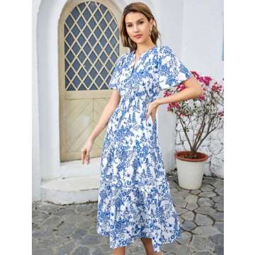KUTUMAI Women Summer Floral Midi Dress 2024 Casual Short Sleeve V Neck Tiered Ruffle Flowy Boho Dresses with Pockets BlueF S