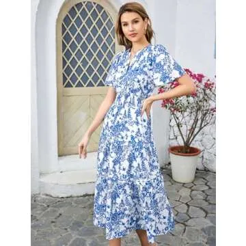 KUTUMAI Women Summer Floral Midi Dress 2024 Casual Short Sleeve V Neck Tiered Ruffle Flowy Boho Dresses with Pockets BlueF S