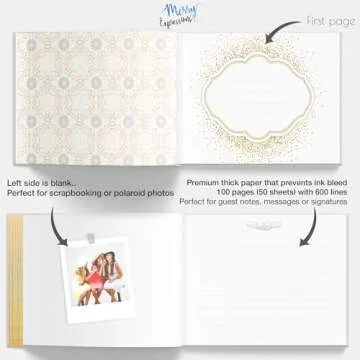 White & Gold Wedding Guest Book w/ Pen & Table Sign - Guestbook Sign in for Reception, Birthday Part...