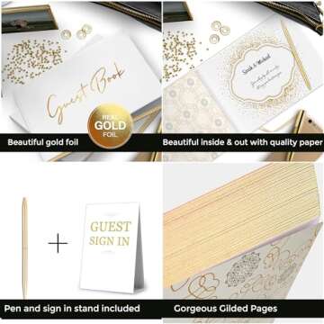 White & Gold Wedding Guest Book w/ Pen & Table Sign - Guestbook Sign in for Reception, Birthday Parties, Bridal or Baby Shower - Gilded Pages, Size 7"x9" inches - Blank Left Page for Polaroids