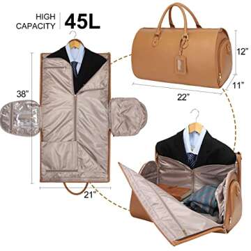 Modoker Women Convertible Leather Garment Bag with Shoulder Strap, PU Leather Garment Duffel Bag Carry on 2 in 1 Hanging Suitcase Suit Travel Bags, Coffee