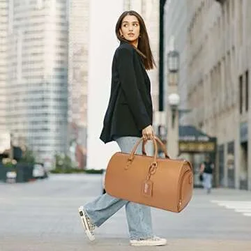 Modoker Women Convertible Leather Garment Bag with Shoulder Strap, PU Leather Garment Duffel Bag Carry on 2 in 1 Hanging Suitcase Suit Travel Bags, Coffee