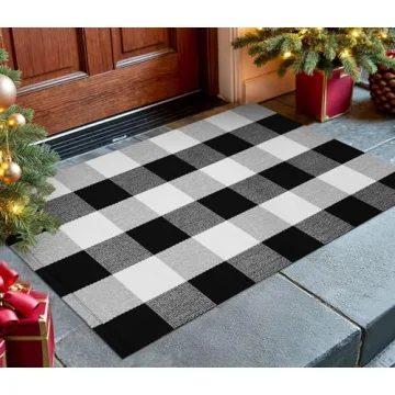 KOZYFLY Buffalo Plaid Area Rugs 2x3 Ft Black and White Checkered Rug Washable Front Door Mat Hand Wo...