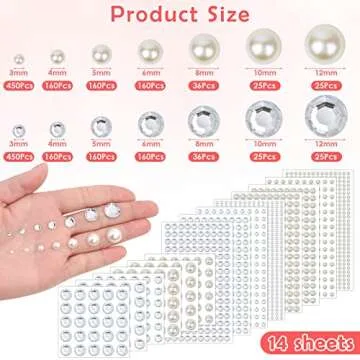 2032 Pieces Self Adhesive Hair Gems and Hair Pearls, Face Pearls and Jewels Stickers for Makeup, Crafts, Home Decor Scrapbooking Embellishments, 7 Sizes 3mm/4mm/5mm/6mm/8mm/10mm/12mm