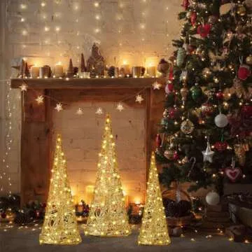 Baquler 3 Pcs LED Lighted Christmas Cone Trees Christmas Tree Ornament Gold Glittered Battery Operated Christmas Decoration Xmas Table Decor for Indoor Home Bedroom Tabletop Centerpiece Holiday Party