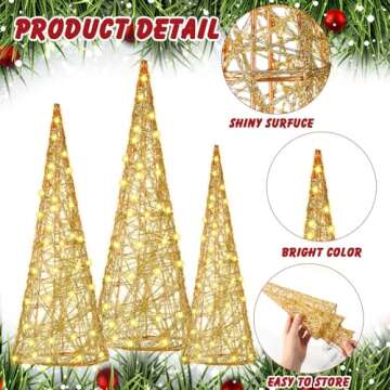 Baquler 3 Pcs LED Lighted Christmas Cone Trees Christmas Tree Ornament Gold Glittered Battery Operated Christmas Decoration Xmas Table Decor for Indoor Home Bedroom Tabletop Centerpiece Holiday Party