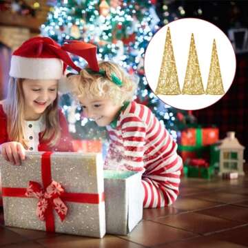 Baquler 3 Pcs LED Lighted Christmas Cone Trees Christmas Tree Ornament Gold Glittered Battery Operated Christmas Decoration Xmas Table Decor for Indoor Home Bedroom Tabletop Centerpiece Holiday Party