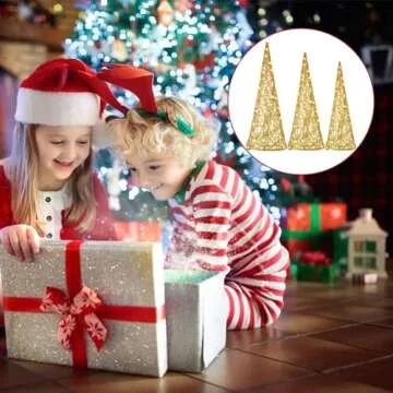 Baquler 3 Pcs LED Lighted Christmas Cone Trees Christmas Tree Ornament Gold Glittered Battery Operated Christmas Decoration Xmas Table Decor for Indoor Home Bedroom Tabletop Centerpiece Holiday Party