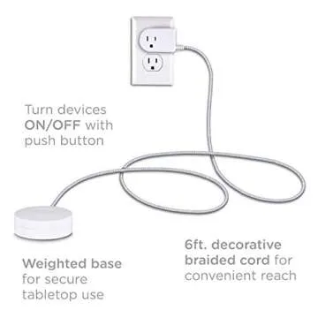 Cordinate Extension Cord with Switch On/Off Plug, 6 Ft Braided Power Cord Outlet Switch, 3 Prong, Slip Resistant Base, Tabletop or Wall Mount, Perfect for Lamps/Holiday Lights, White/Gray, 41095