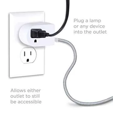 Cordinate Extension Cord with Switch On/Off Plug, 6 Ft Braided Power Cord Outlet Switch, 3 Prong, Slip Resistant Base, Tabletop or Wall Mount, Perfect for Lamps/Holiday Lights, White/Gray, 41095