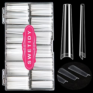 No C Curve 3XL Long Coffin Nail Tips, 420pcs Clear Acrylic Coffin Shape SWETIDY Flattened Half Cover...
