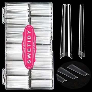 No C Curve 3XL Long Coffin Nail Tips, 420pcs Clear Acrylic Coffin Shape SWETIDY Flattened Half Cover...