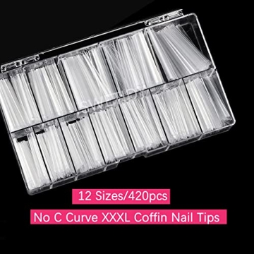 No C Curve 3XL Long Coffin Nail Tips, 420pcs Clear Acrylic Coffin Shape SWETIDY Flattened Half Cover False Nails for Salon&Home DIY French ABS Nail Art Tips,12 Sizes