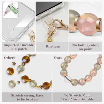 X-Lounge Phone Wrist Strap Beaded Phone Charms Hand Lanyard Strap Beaded Detachable Phone Bracelet Fashion Accessory For Women Chain Wristlet Strap For Phone Case With Clear Phone Patches