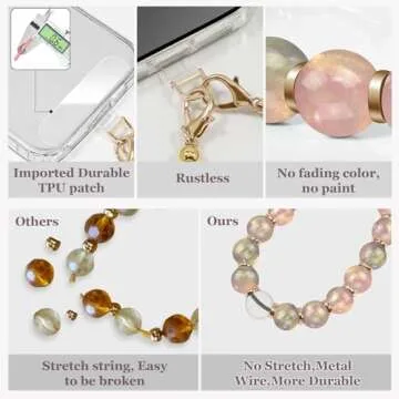X-Lounge Phone Wrist Strap Beaded Phone Charms Hand Lanyard Strap Beaded Detachable Phone Bracelet Fashion Accessory For Women Chain Wristlet Strap For Phone Case With Clear Phone Patches