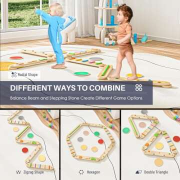 BlueWood Balance Beam for Kids 3-5, Toddler Sensory Wooden Montessori Toys and Stepping Stones, Build Coordination Gymnastics Obstacle Motor Skill for Kid (6PCS Rainbow)