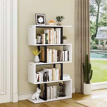 YITAHOME 5-Tier Bookshelf, S-Shaped Z-Shelf Bookshelves and Bookcase, Modern Freestanding Multifunctional Decorative Storage Shelving for Living Room Home Office, Cream White