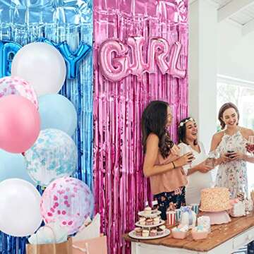 35 Pieces Gender Reveal Decorations Party Supplies, Boy or Girl Foil Balloons, Metallic Tinsel Foil Fringe Curtain, Balloon Arch Strip, Gender Reveal Party Baby Photo Backdrop (Blue and Pink Series)