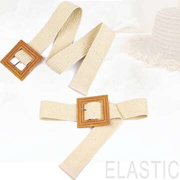 YUCFOREN Women Skinny Dress Belt, Fashion Straw Woven Elastic Stretch Waist Band Wood Buckle Belt