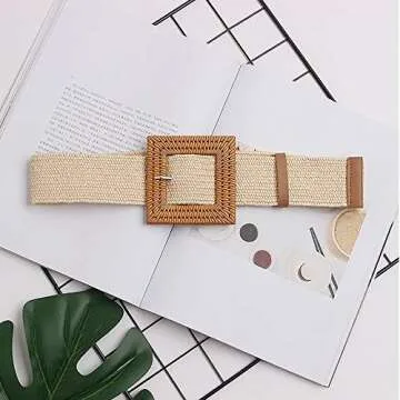 YUCFOREN Women Skinny Dress Belt, Fashion Straw Woven Elastic Stretch Waist Band Wood Buckle Belt