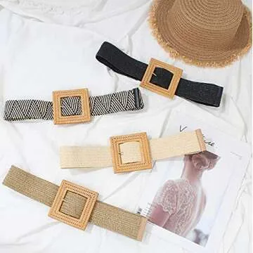 YUCFOREN Women Skinny Dress Belt, Fashion Straw Woven Elastic Stretch Waist Band Wood Buckle Belt