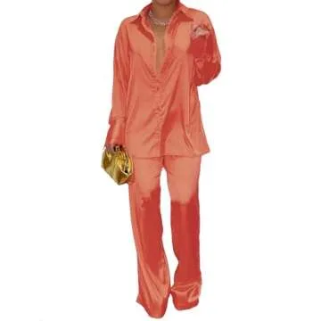 GTMRINJN Womens Silk Satin 2 Piece Outfit Long Sleeve Lapel Button Down Tops Wide Leg Palazzo Loungewear Pajama Set