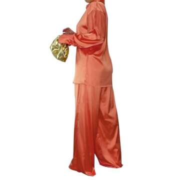 GTMRINJN Womens Silk Satin 2 Piece Outfit Long Sleeve Lapel Button Down Tops Wide Leg Palazzo Loungewear Pajama Set