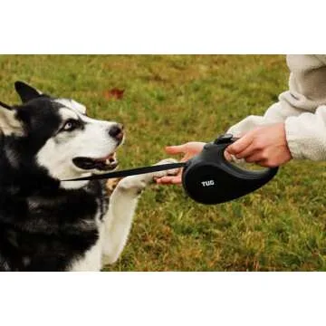TUG 360° Tangle-Free Retractable Dog Leash with Anti-Slip Handle | 16 ft Strong Nylon Tape | One-Handed Brake, Pause, Lock (Large, Black/Grey)