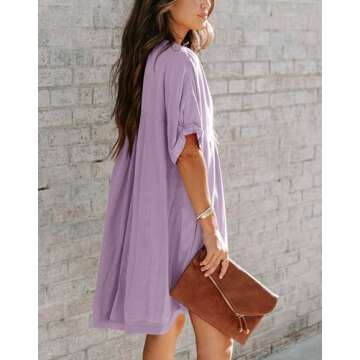 Minclouse Women's Babydoll Short Sleeve Tunic Dress V Neck Cute Casual Loose Dresses Light Purple