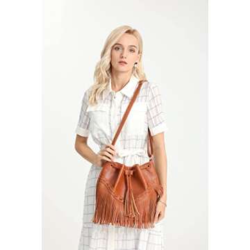 Leather Bucket Bags for Women Crossbody Fringe Purses with Drawstring Ladies Tassel Hobo and Shoulde...